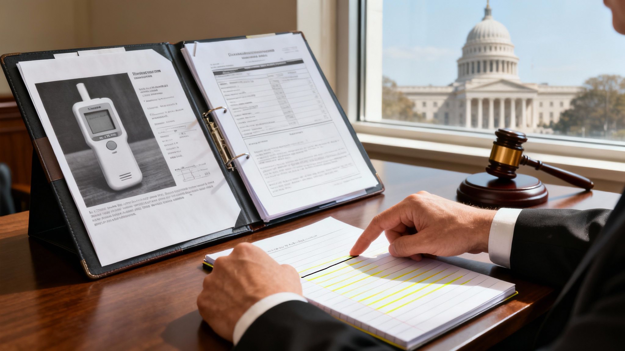 Attorney reviewing DWI case documents, including a breathalyzer image, with a gavel and the U.S. Capitol in the background, emphasizing legal strategies for a 3rd DWI offense in Texas.