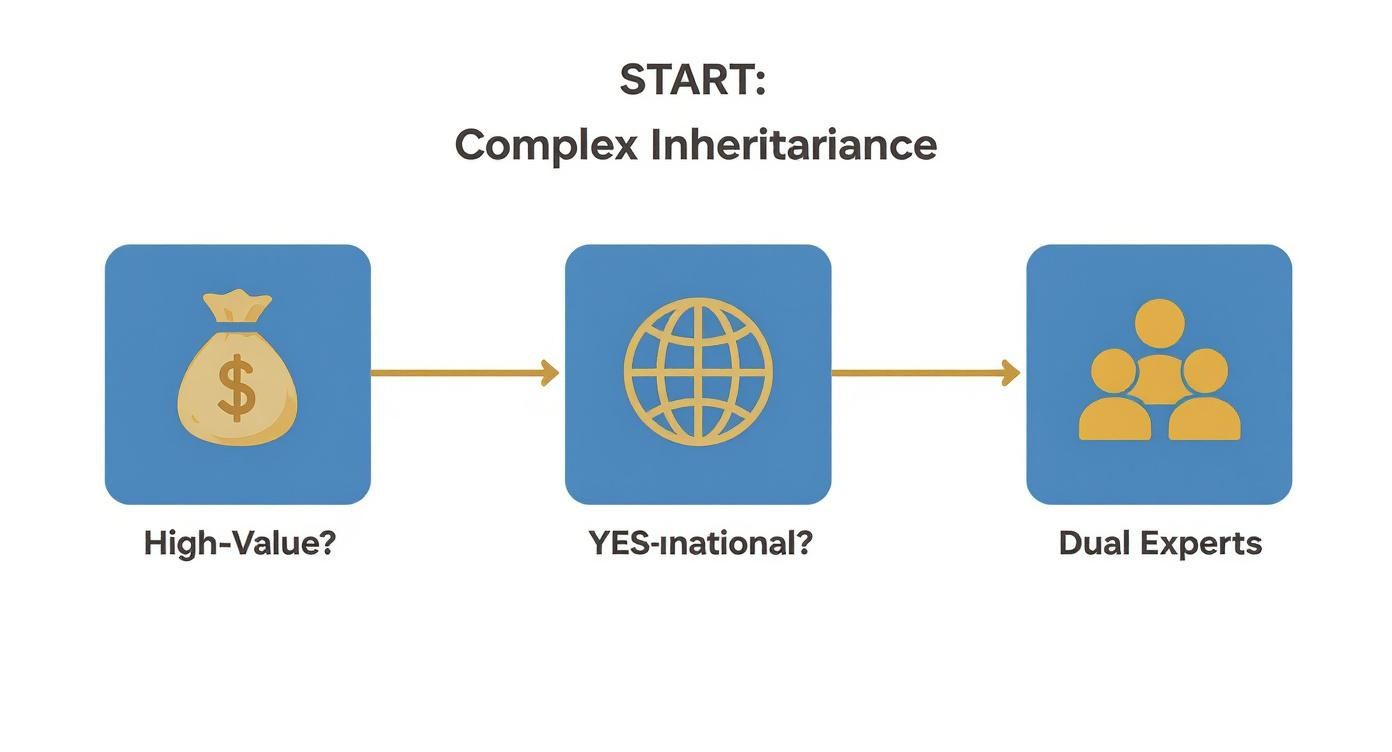 A flowchart titled 'Complex Inheritariance' showing steps for high-value assets, international considerations, and dual experts.