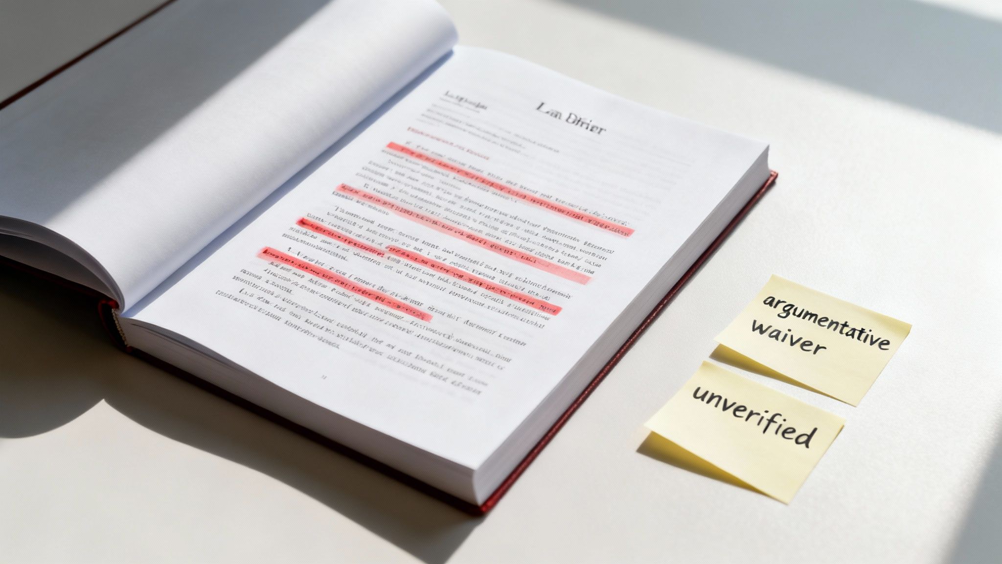 An open legal book with highlighted passages next to two yellow sticky notes on a white table.