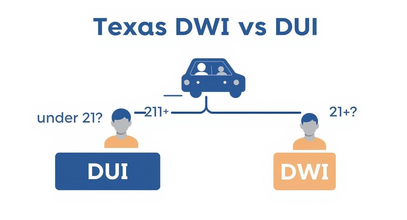 Texas DWI vs DUI infographic illustrating age distinctions: DUI for under 21, DWI for 21 and over, with a car and figures representing the legal charges.