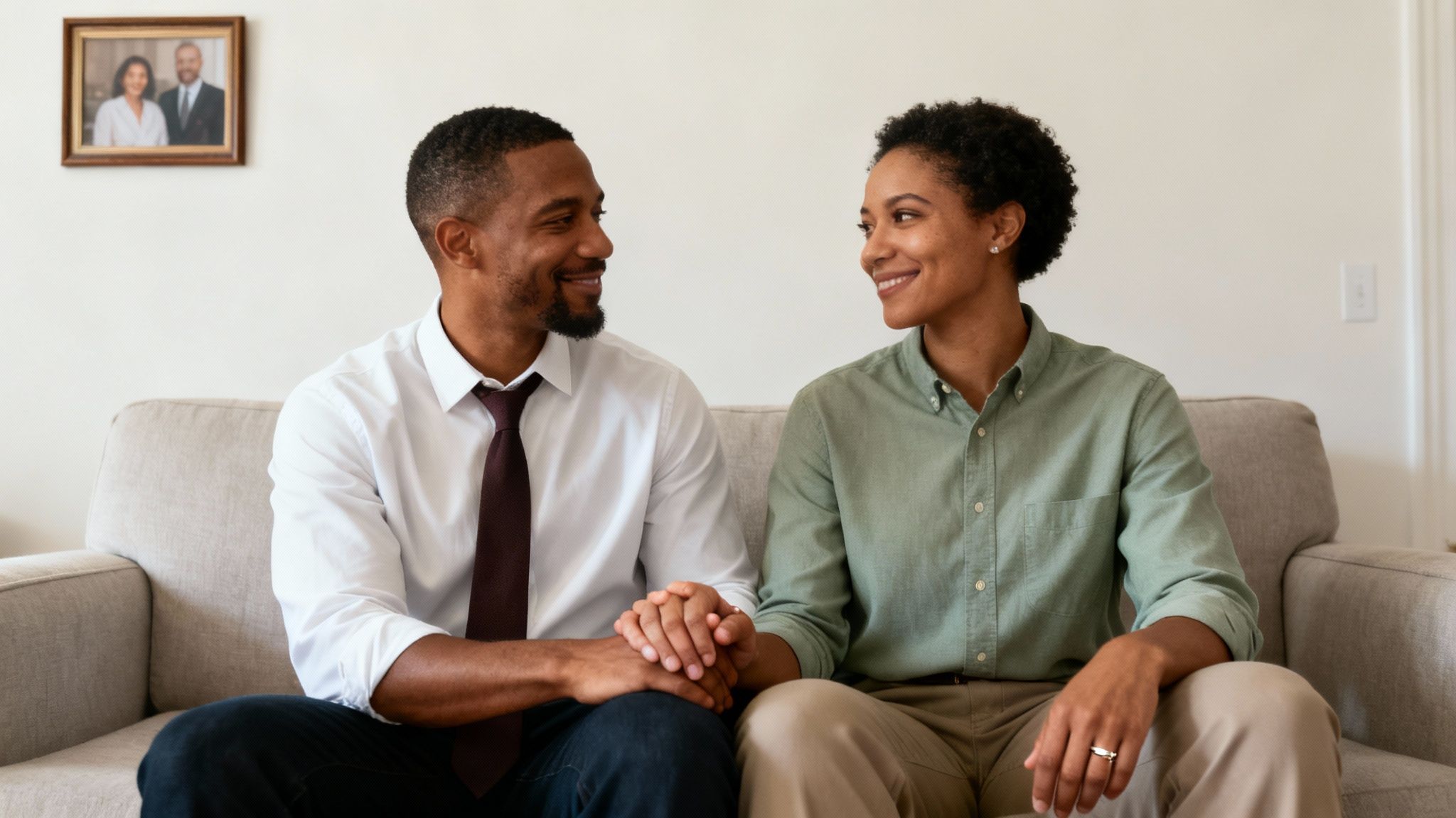 Couple sitting on a couch holding hands, smiling at each other, with a framed photo of a wedding in the background, representing common law marriage and commitment in Texas.