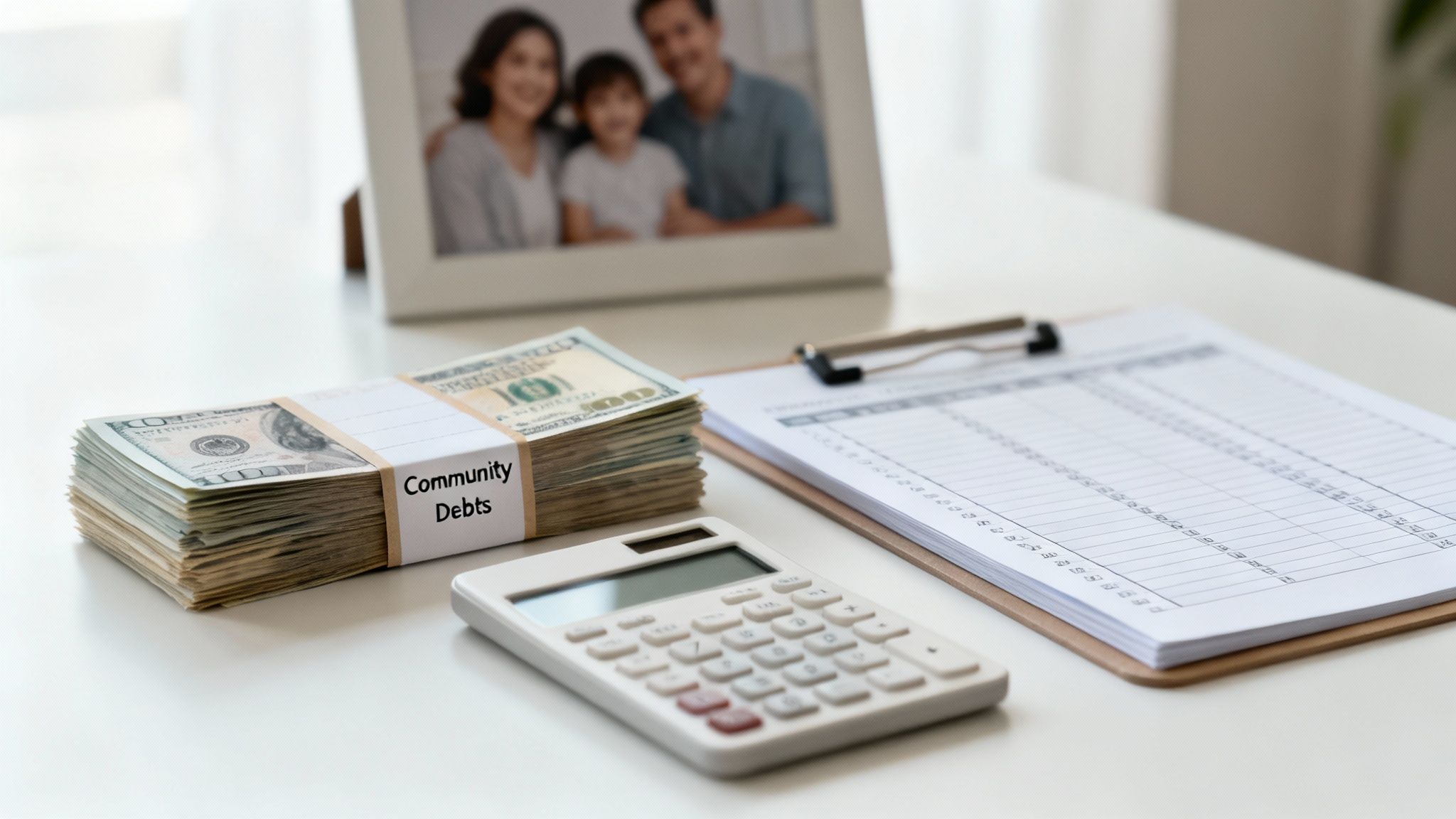 Stack of cash labeled 'Community Debts' on a desk with a calculator, financial sheet, and family photo.