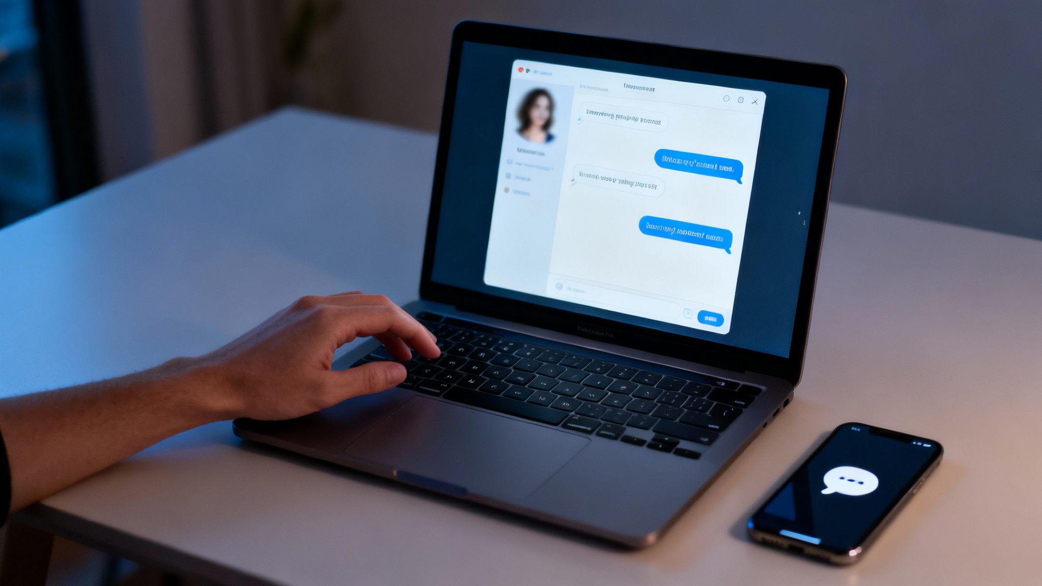 Person typing on a laptop engaged in an online chat, illustrating a scenario related to entrapment in internet predator operations.