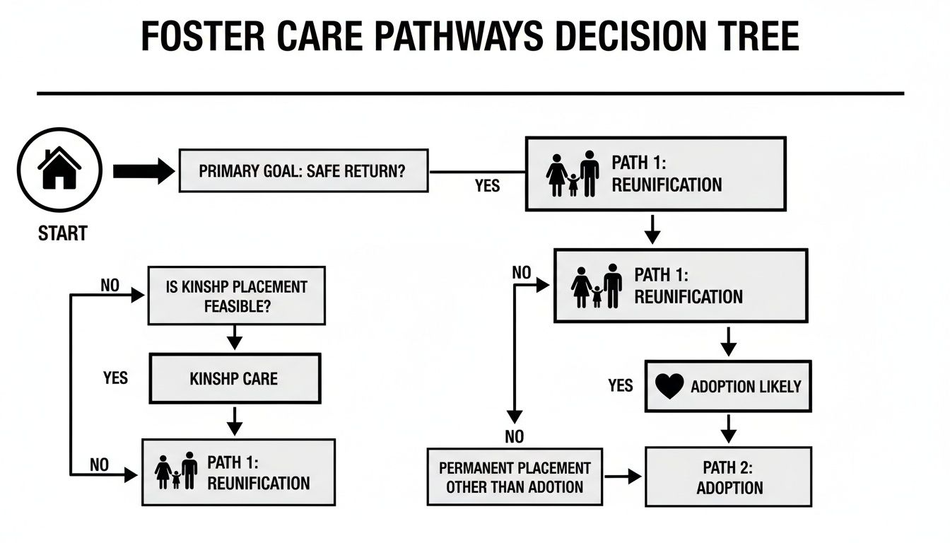 Foster care pathways decision tree flowchart illustrating reunification, kinship care, and adoption processes.