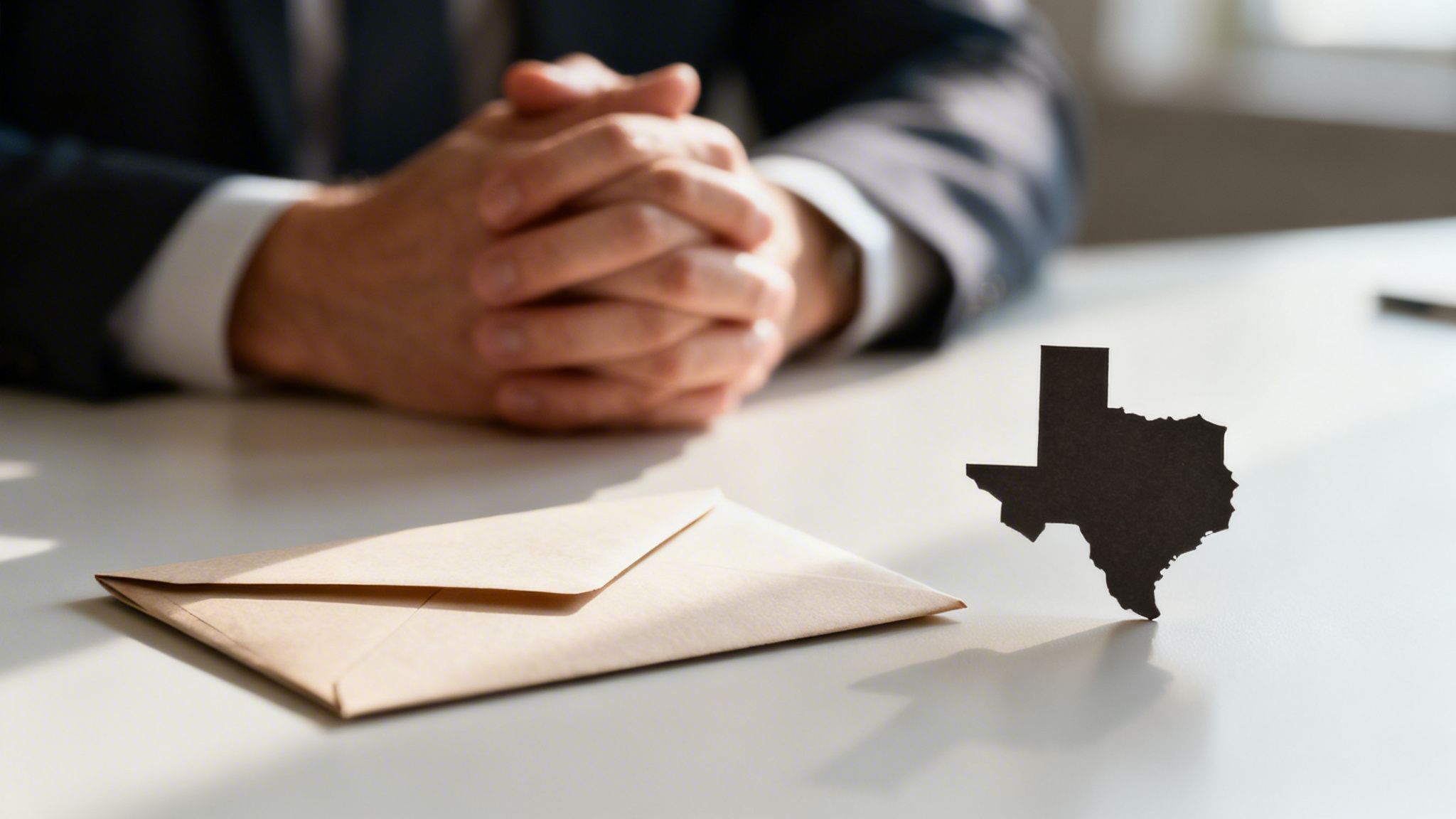 A person in a suit with clasped hands sits behind a brown envelope and a Texas state cutout on a table.