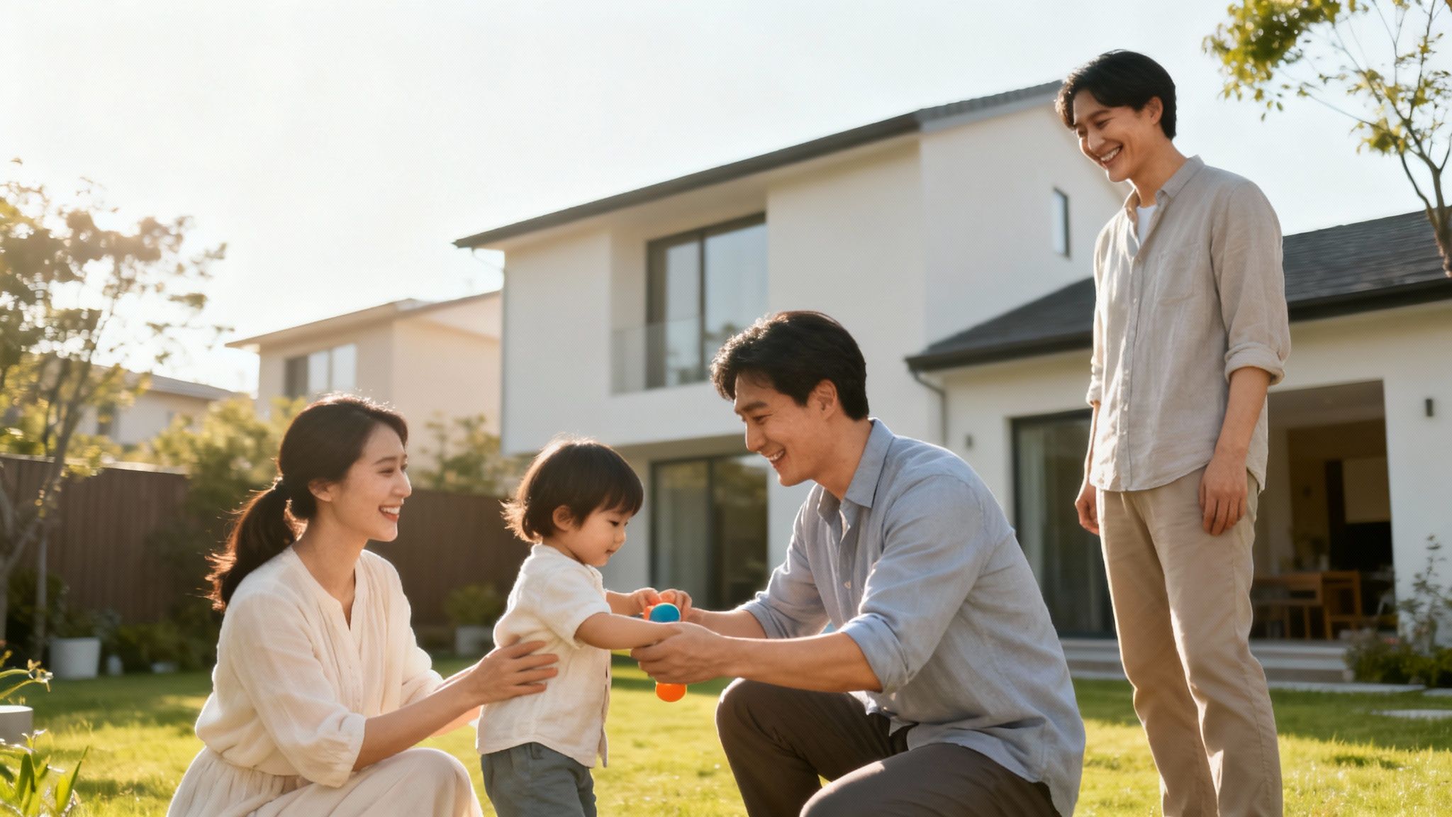 A happy Asian family plays with their toddler in a sunny backyard outside a modern house.