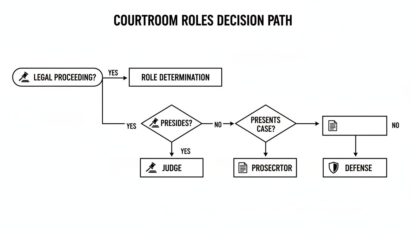 Flowchart outlining the decision path for identifying courtroom roles: Judge, Prosecutor, Defense.