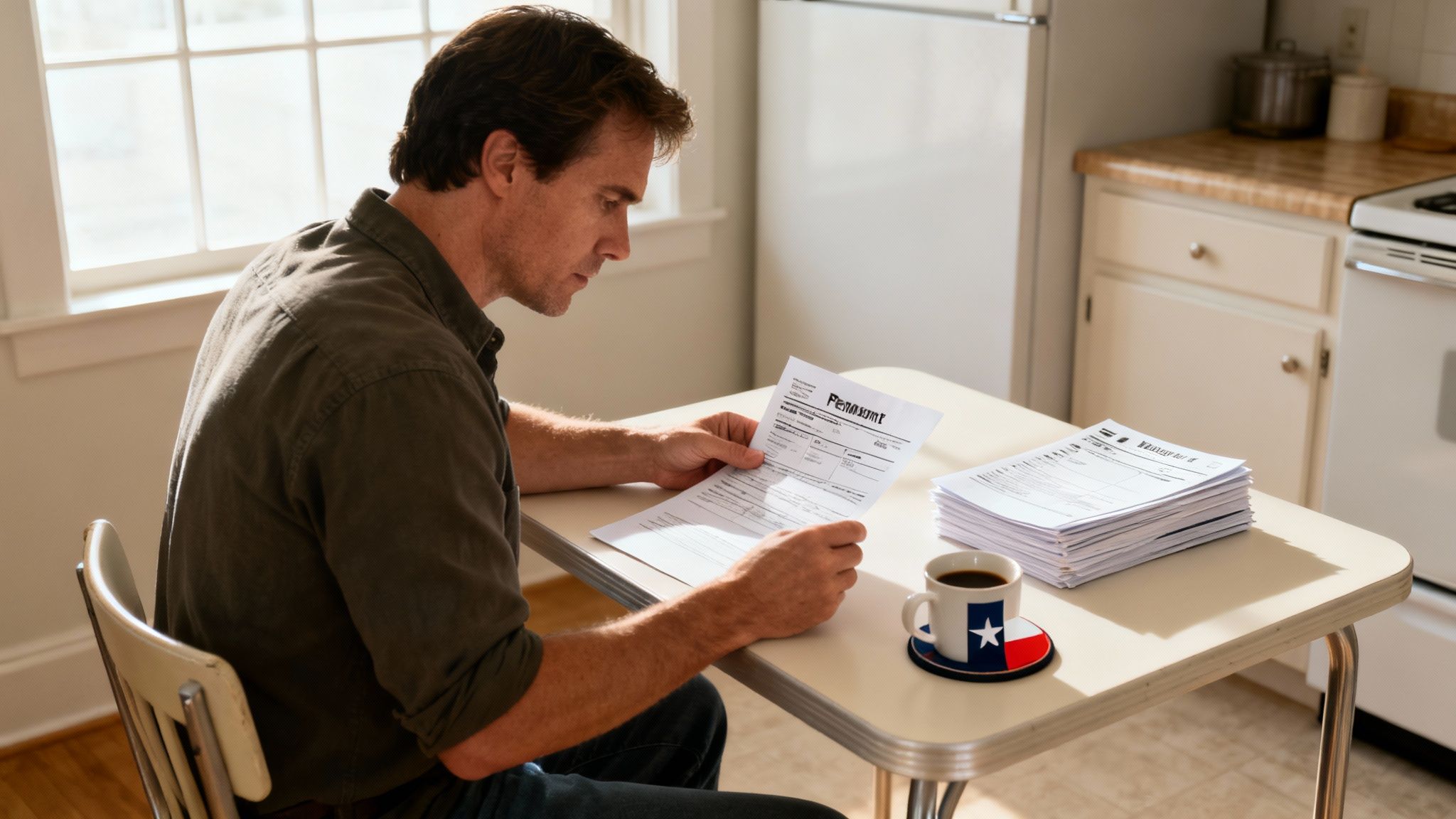 A man sits at a kitchen table, intently reviewing legal documents and paperwork.