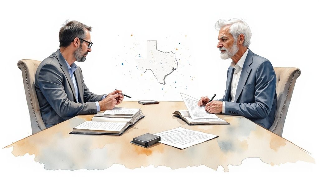 Two attorneys consulting at a table with legal documents, emphasizing preparation for custody hearings in Texas.