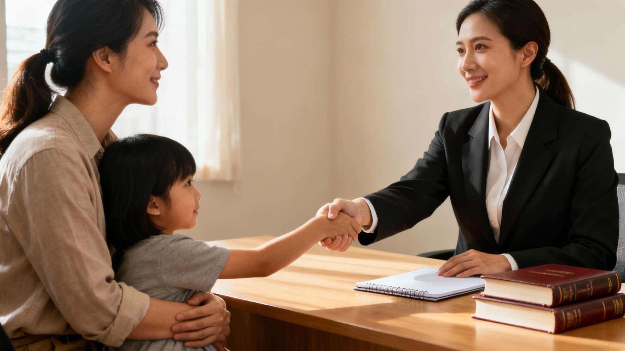A professional woman in a suit shakes hands with a young child while her mother watches.