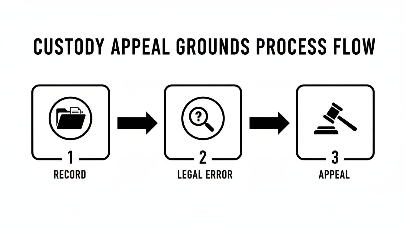 Flowchart illustrating the custody appeal grounds process with three steps: record, legal error, and appeal.