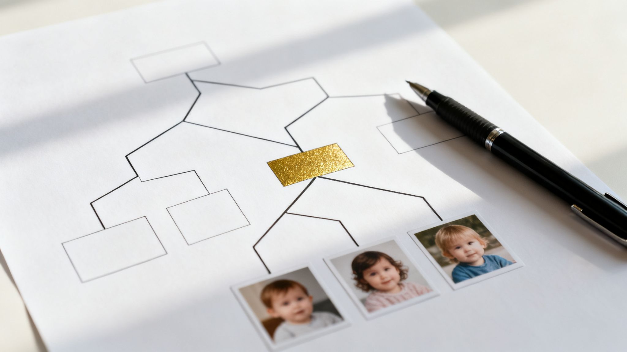 A family tree diagram on white paper, featuring a golden glitter box, three baby photos, and a pen.