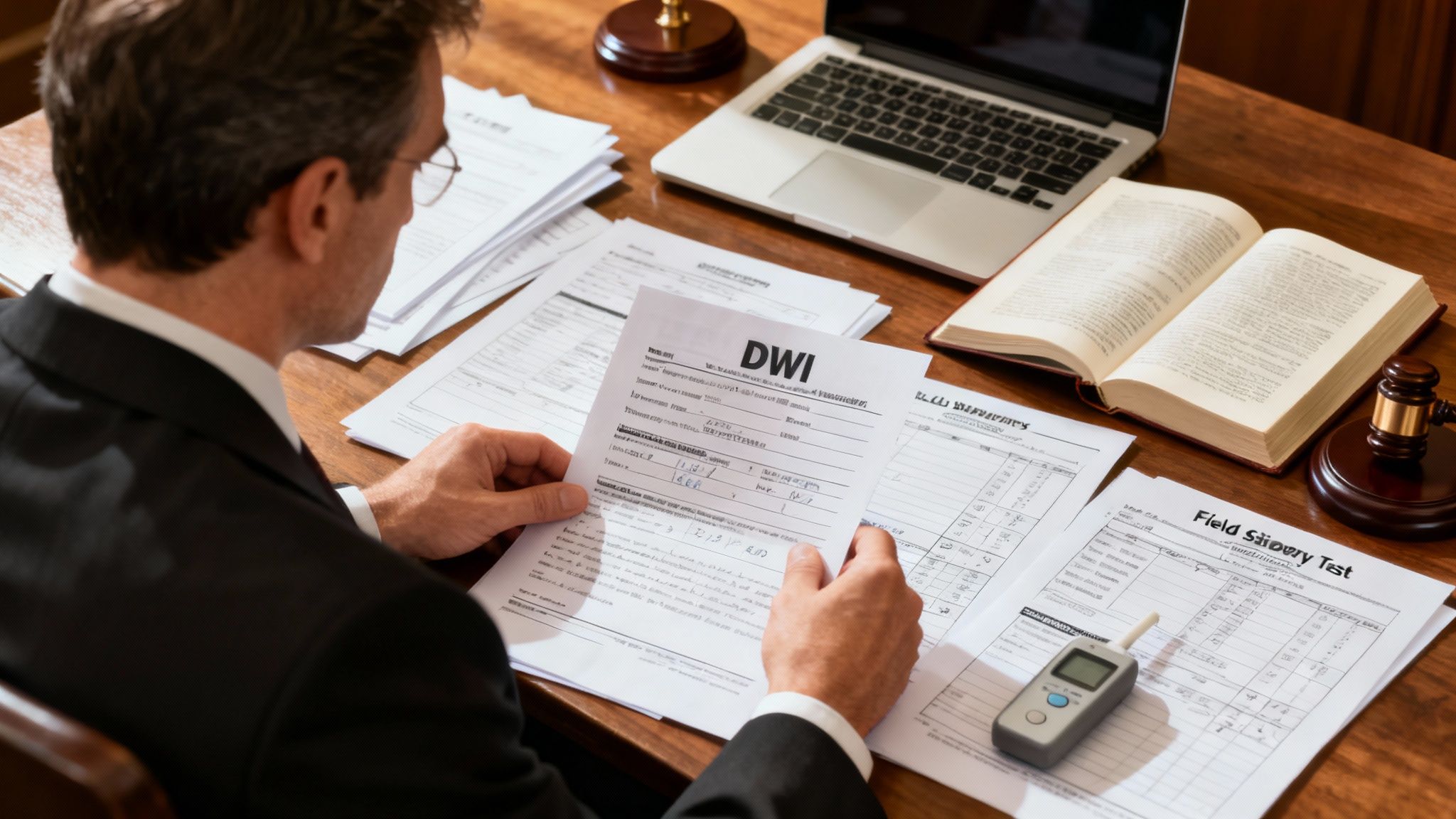 An attorney and client reviewing legal documents together in a professional office setting.
