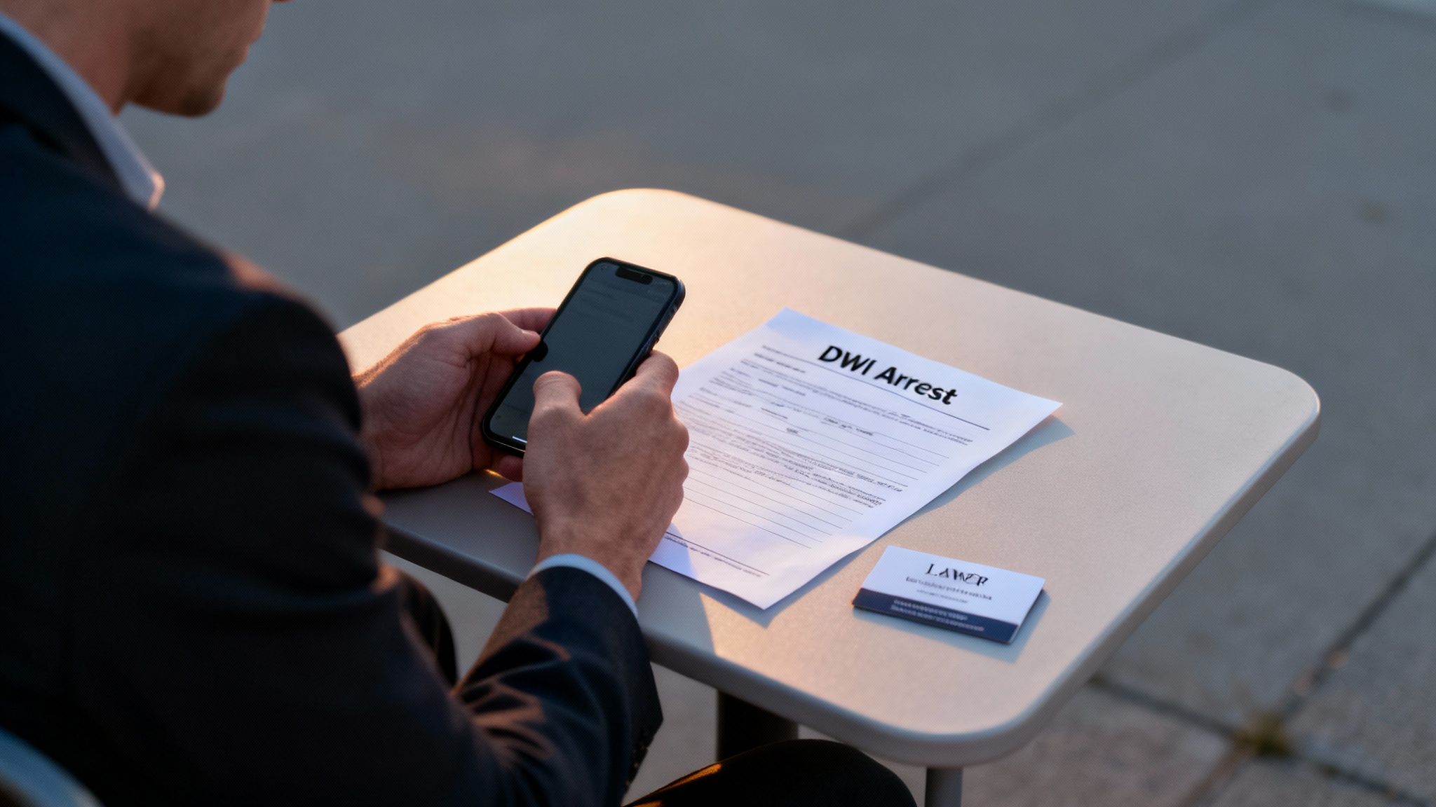 Person in a suit holding a smartphone, sitting at a table with a DWI arrest form and a business card for legal services, emphasizing the need for legal representation in DWI cases.