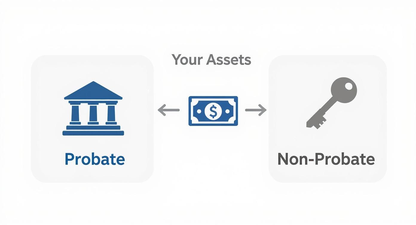 Diagram illustrating how your assets are categorized into probate (court building) and non-probate (key) methods.