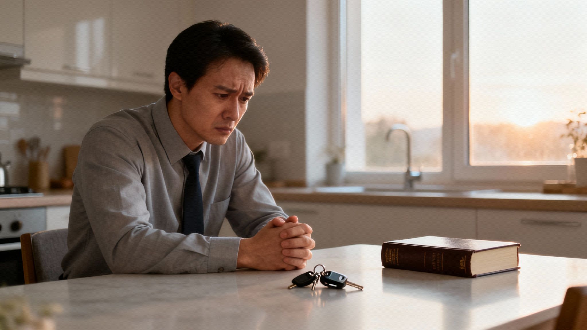 A somber man sits at a table, hands clasped, next to car keys and a thick book.