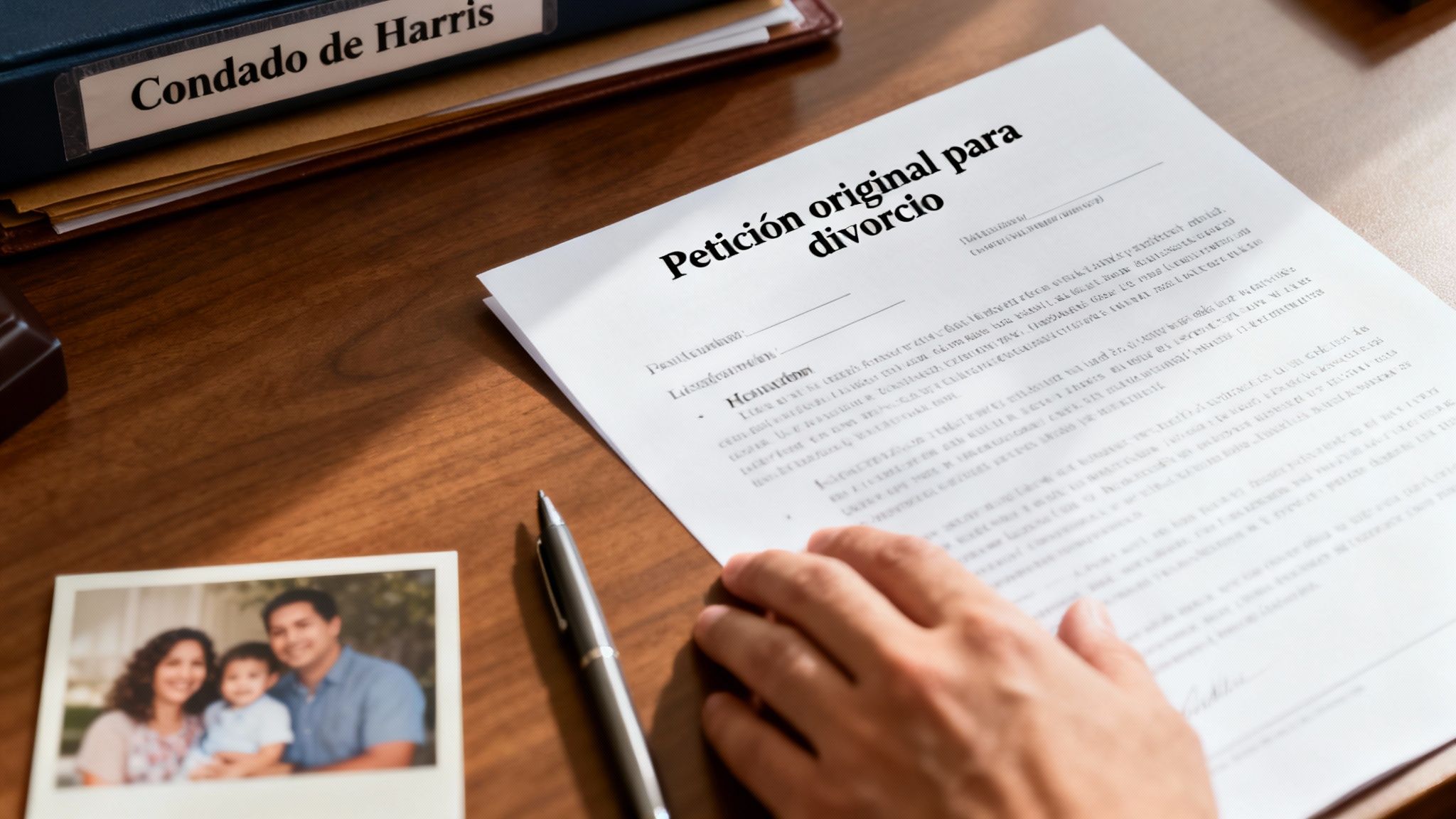 Petición original para divorcio en un escritorio, con una foto familiar y una carpeta del Condado de Harris.