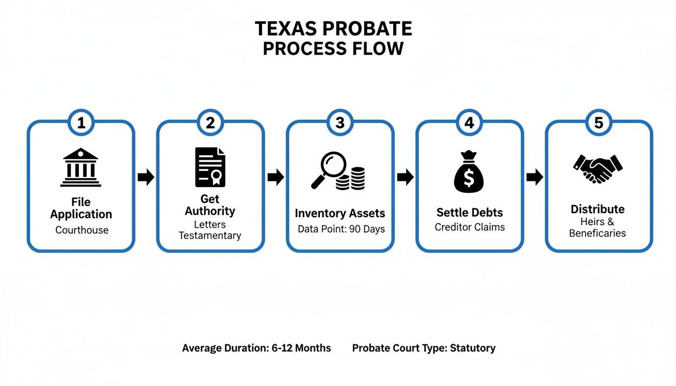 Texas probate process flowchart illustrating five key steps: file application at courthouse, obtain letters testamentary, inventory assets, settle debts, and distribute to heirs and beneficiaries, with an average duration of 6-12 months.