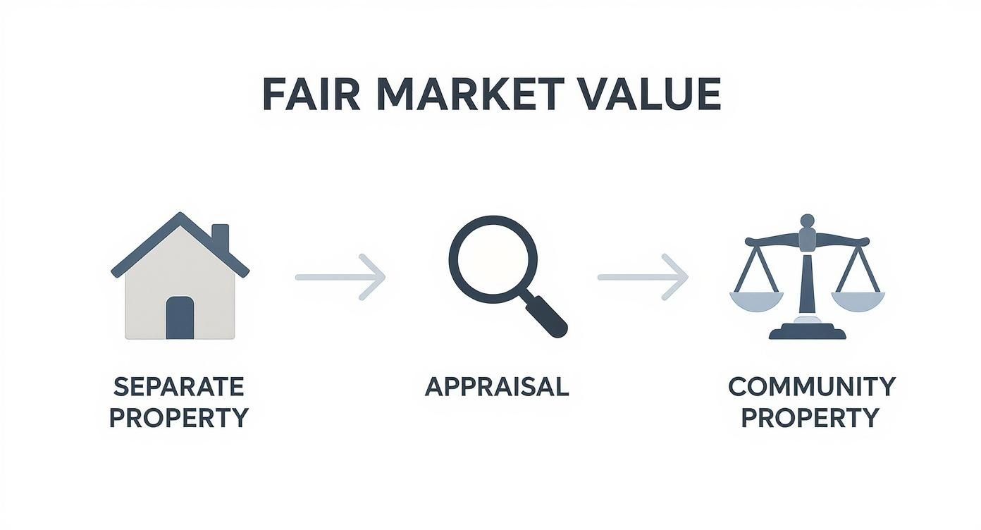 Infographic showing the process flow from identifying separate property, to appraisal, to dividing community property.