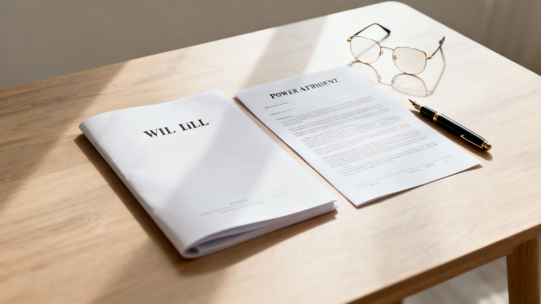 Legal documents including a will and power of attorney with glasses and a pen on a wooden table.