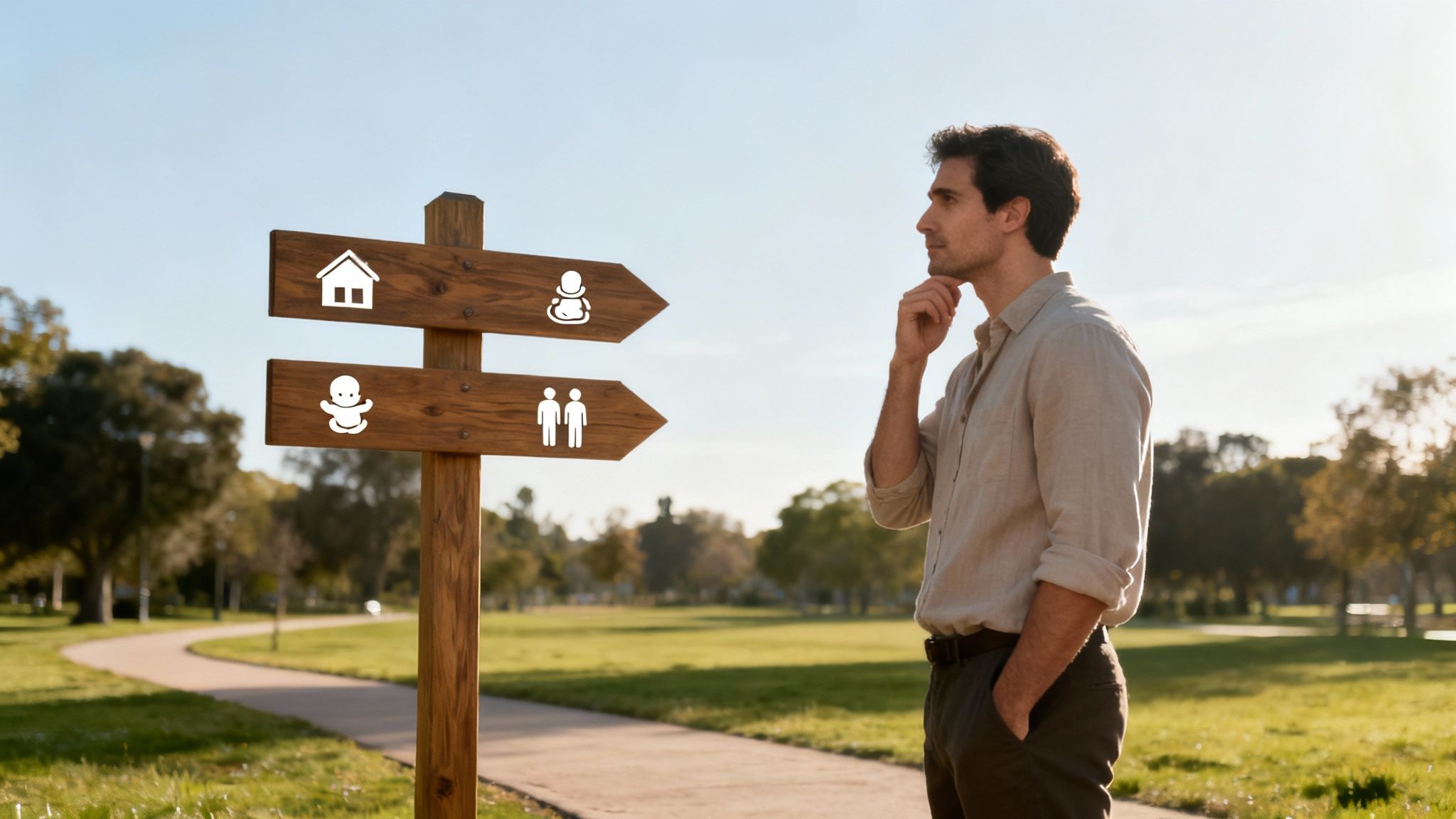 A pensive man stands by a signpost with house, baby, single, and couple icons in a park.