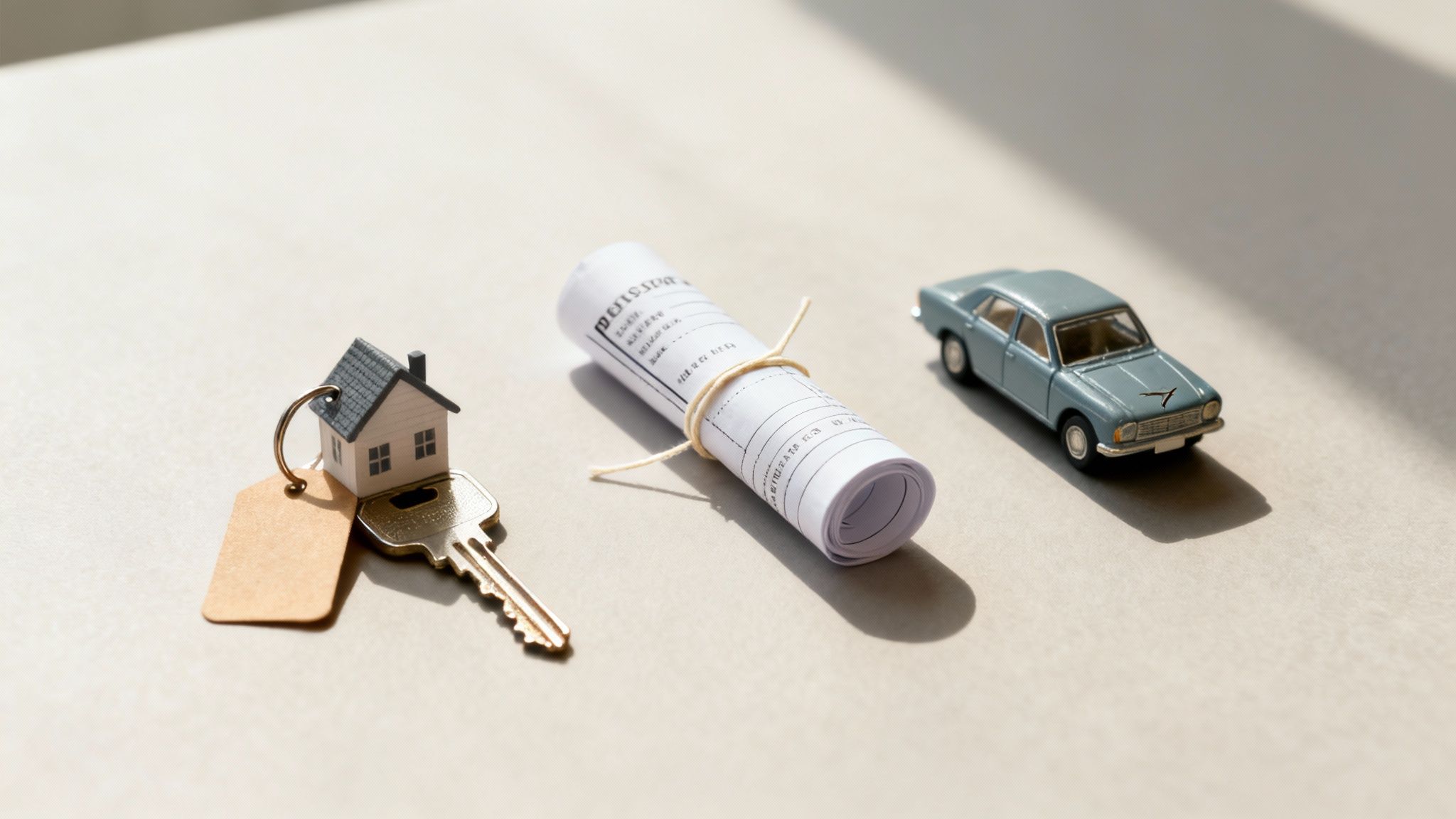 House key with keychain, rolled document representing a demand letter, and a toy car, symbolizing tenant rights and legal disputes in Texas.
