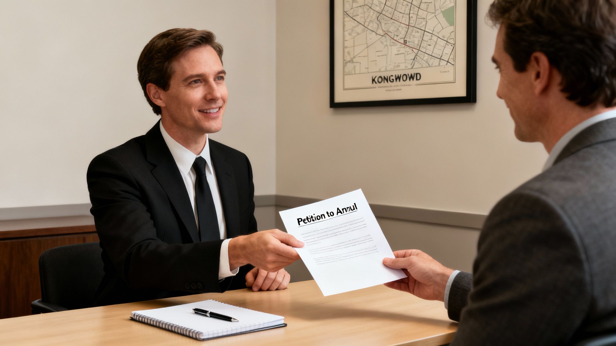 Professional lawyer handing a "Petition to Annul" document to a client in an office setting, emphasizing legal guidance on annulment of marriage in Texas for Kingwood residents.