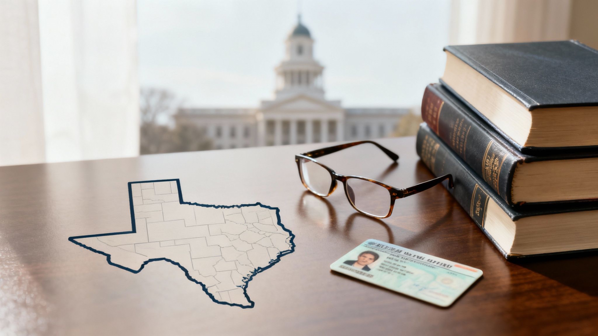 Mapa de Texas, libros de leyes, gafas e identificación en un escritorio con un capitolio de fondo.
