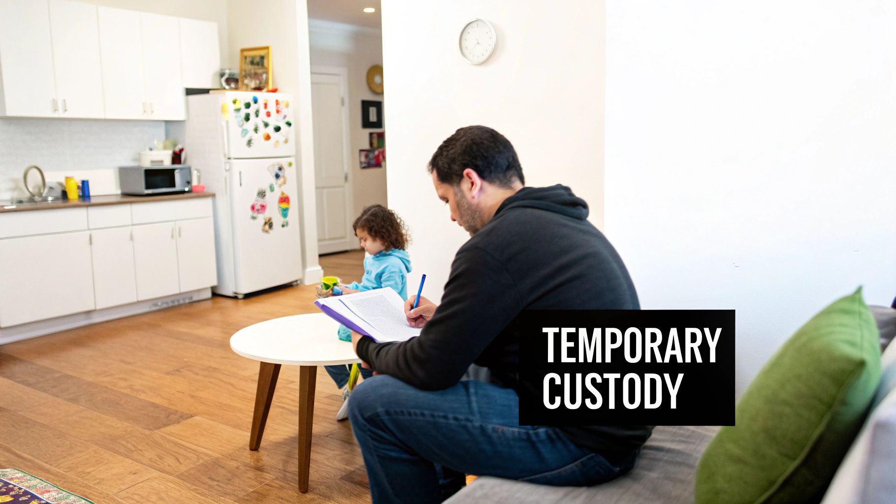 Father writing documents at home while child plays nearby during temporary custody arrangement