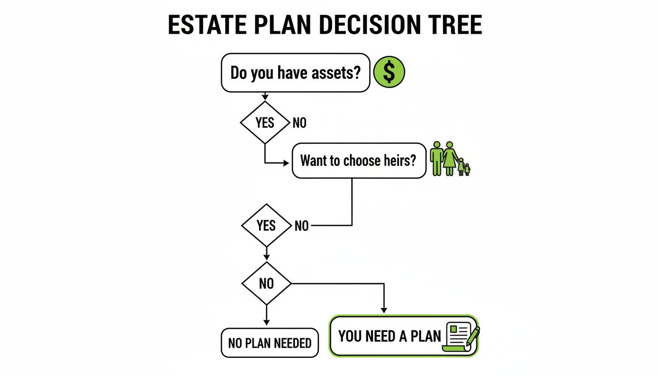 A flowchart titled 'Estate Plan Decision Tree' illustrates when an estate plan is needed, considering assets and heirs.