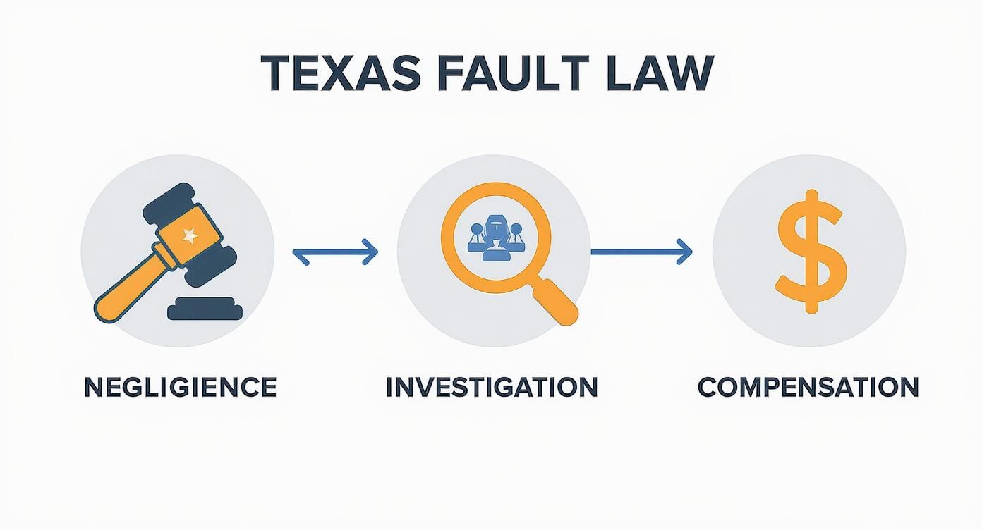 An infographic illustrating the process of determining fault in Texas, with icons for Negligence, Investigation, and Compensation.