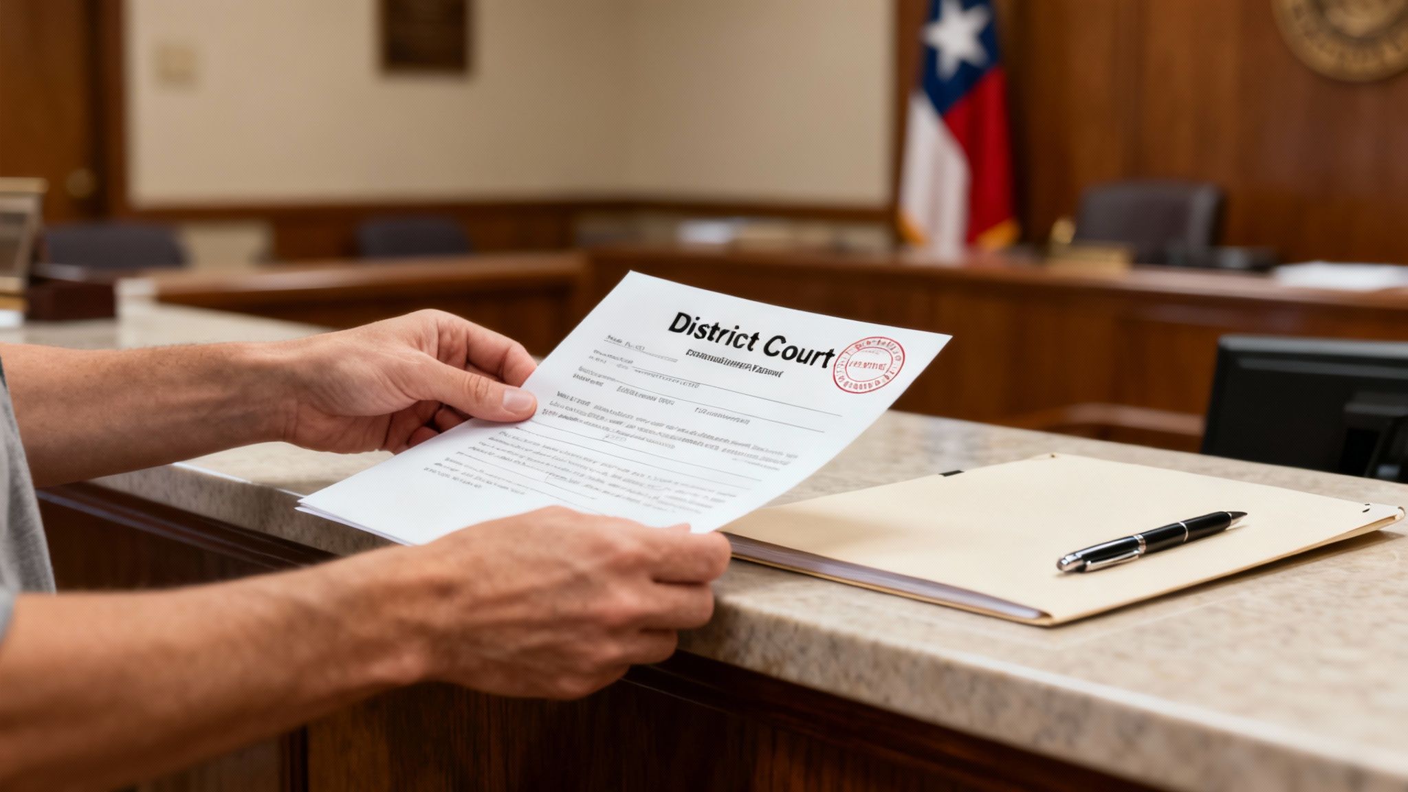 Person holding District Court legal document over desk with folder and pen in courtroom