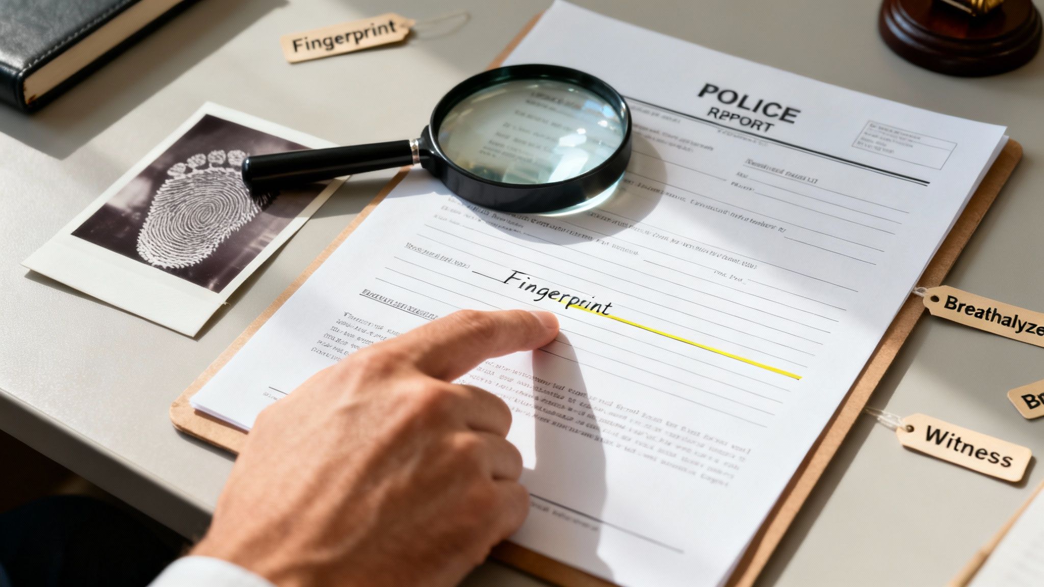 A hand points to "Fingerprint" on a police report, with a magnifying glass and footprint photo.