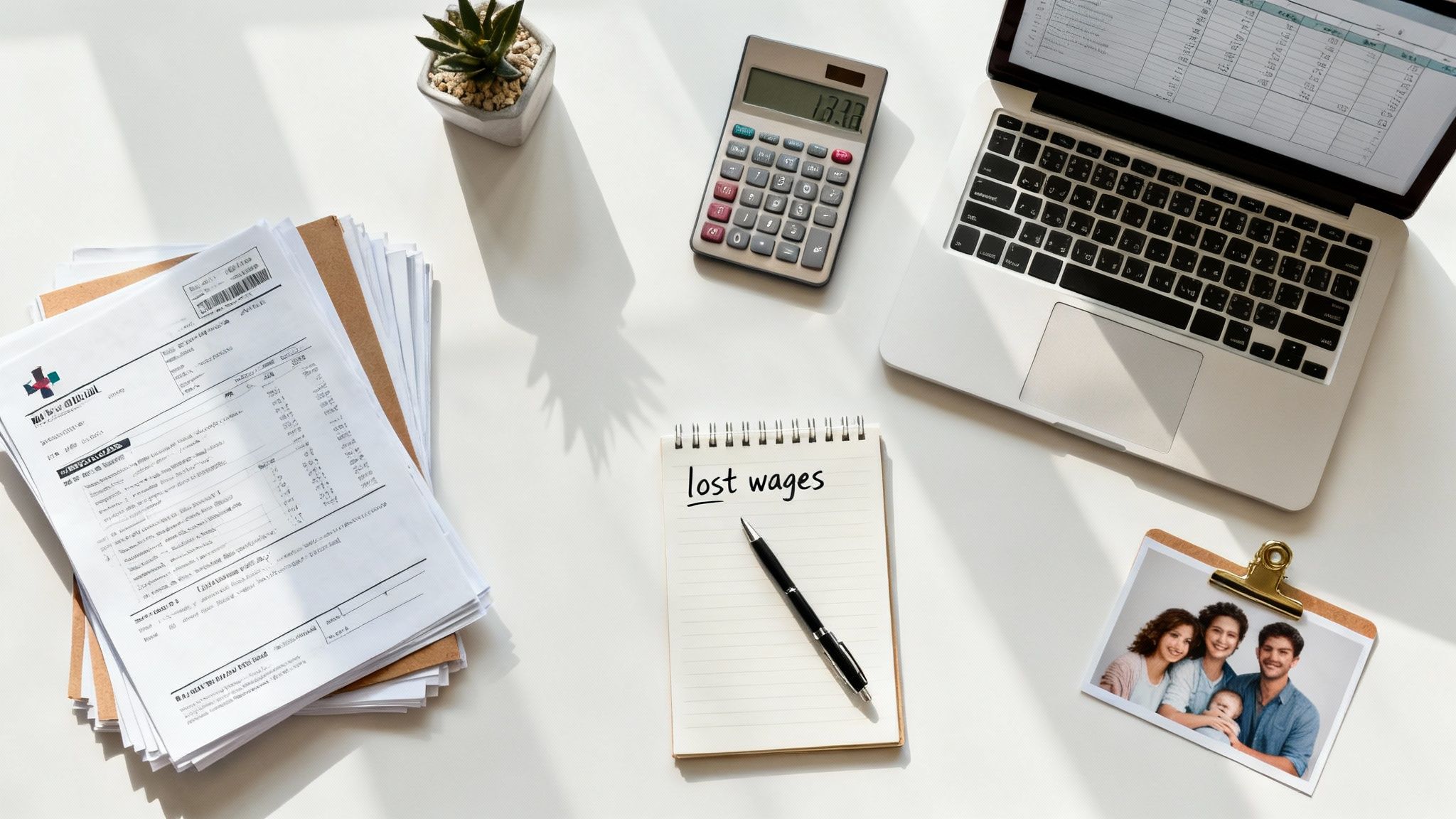 A person reviewing insurance claim documents at a desk, looking determined.