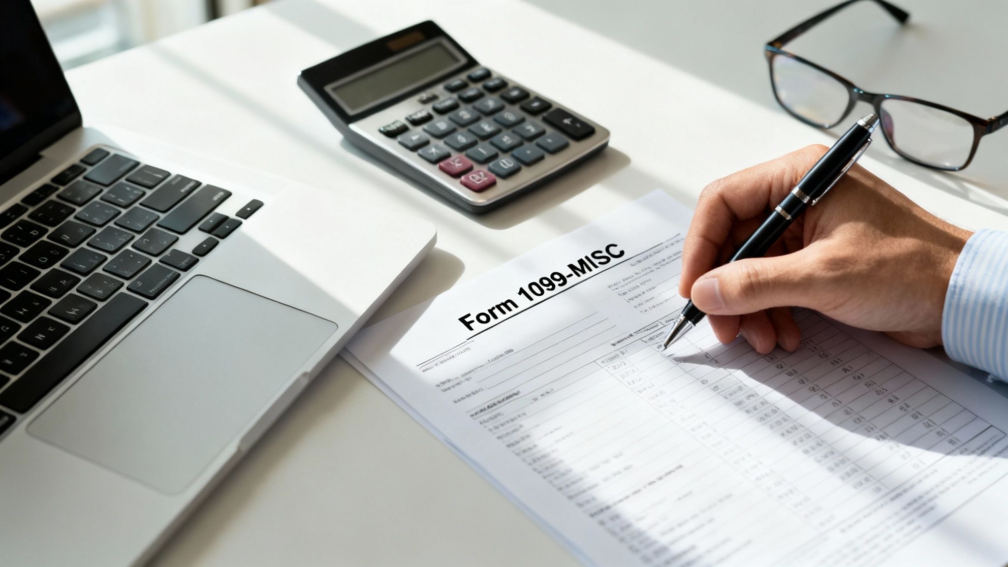 A person's hand fills out Form 1099-MISC with a pen on a desk with a laptop and calculator.