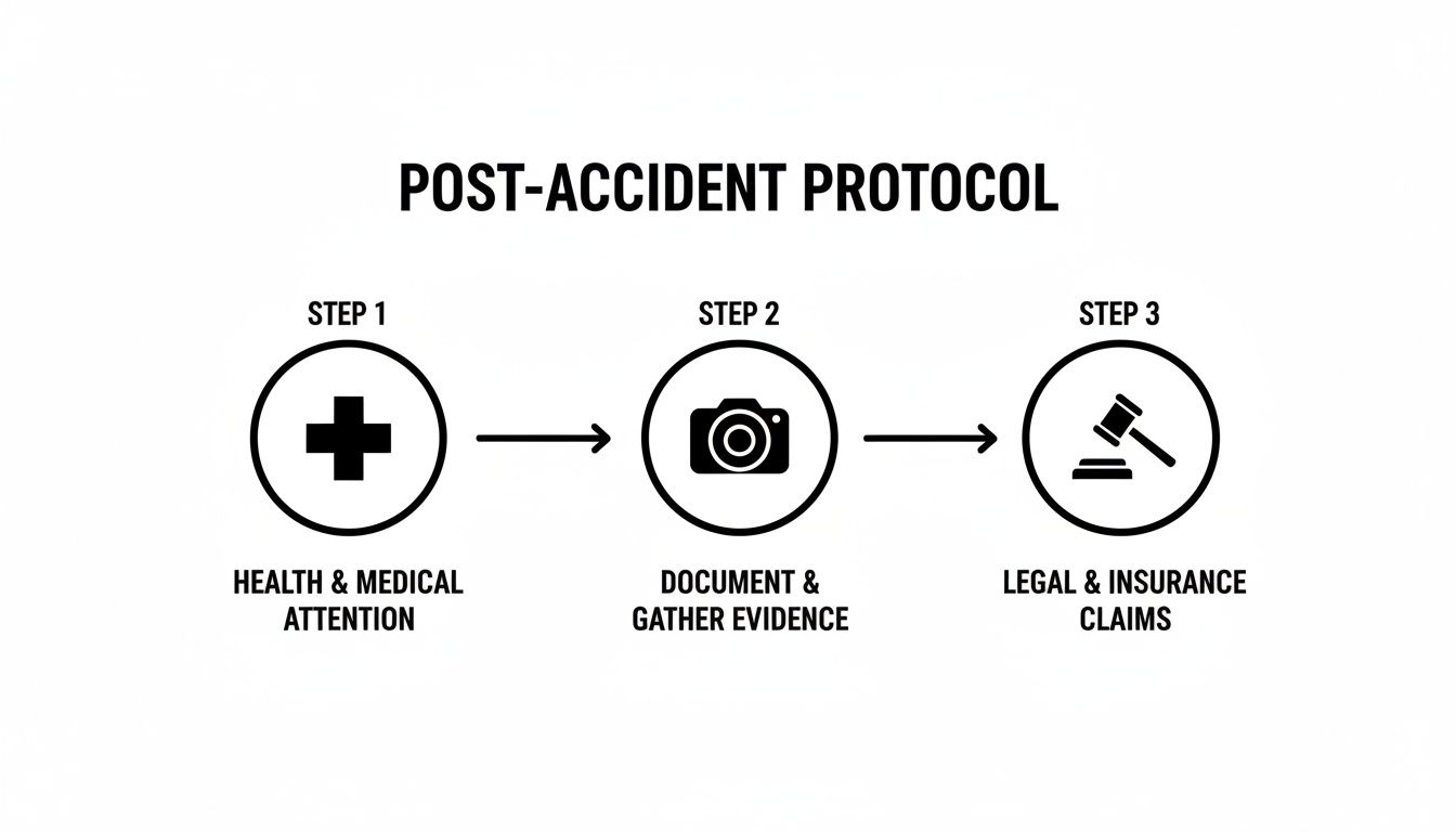 A three-step post-accident protocol: health and medical attention, document evidence, and legal claims.