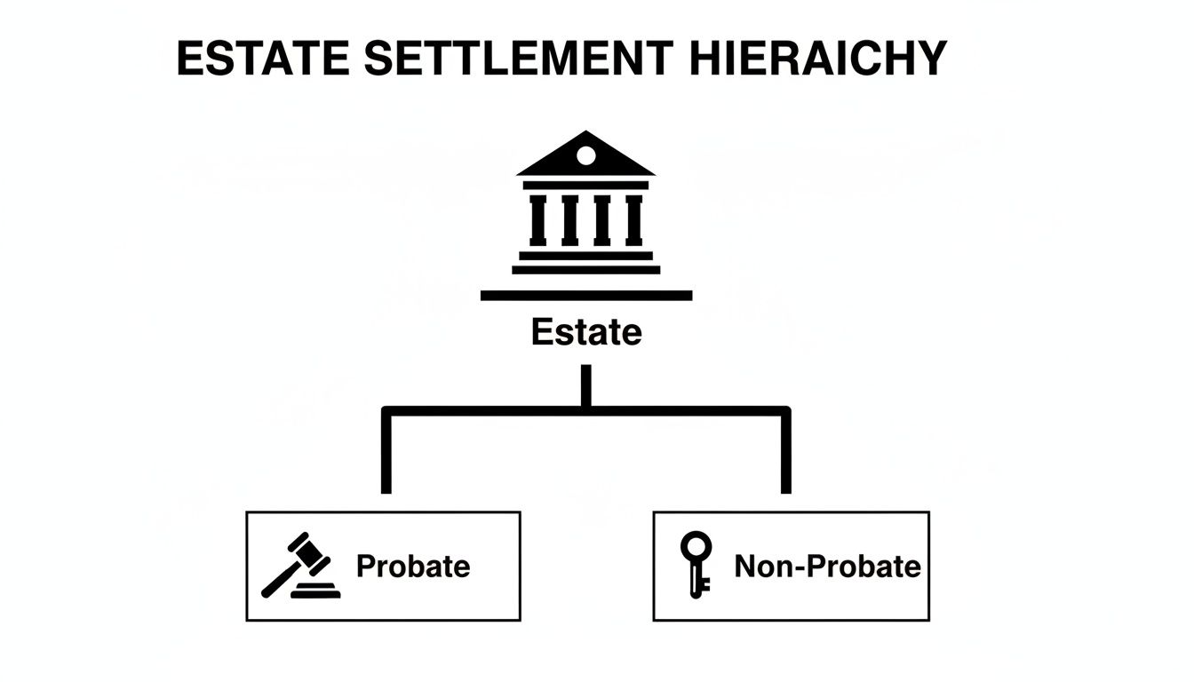 A diagram illustrating estate settlement hierarchy, showing estate leading to probate and non-probate processes.
