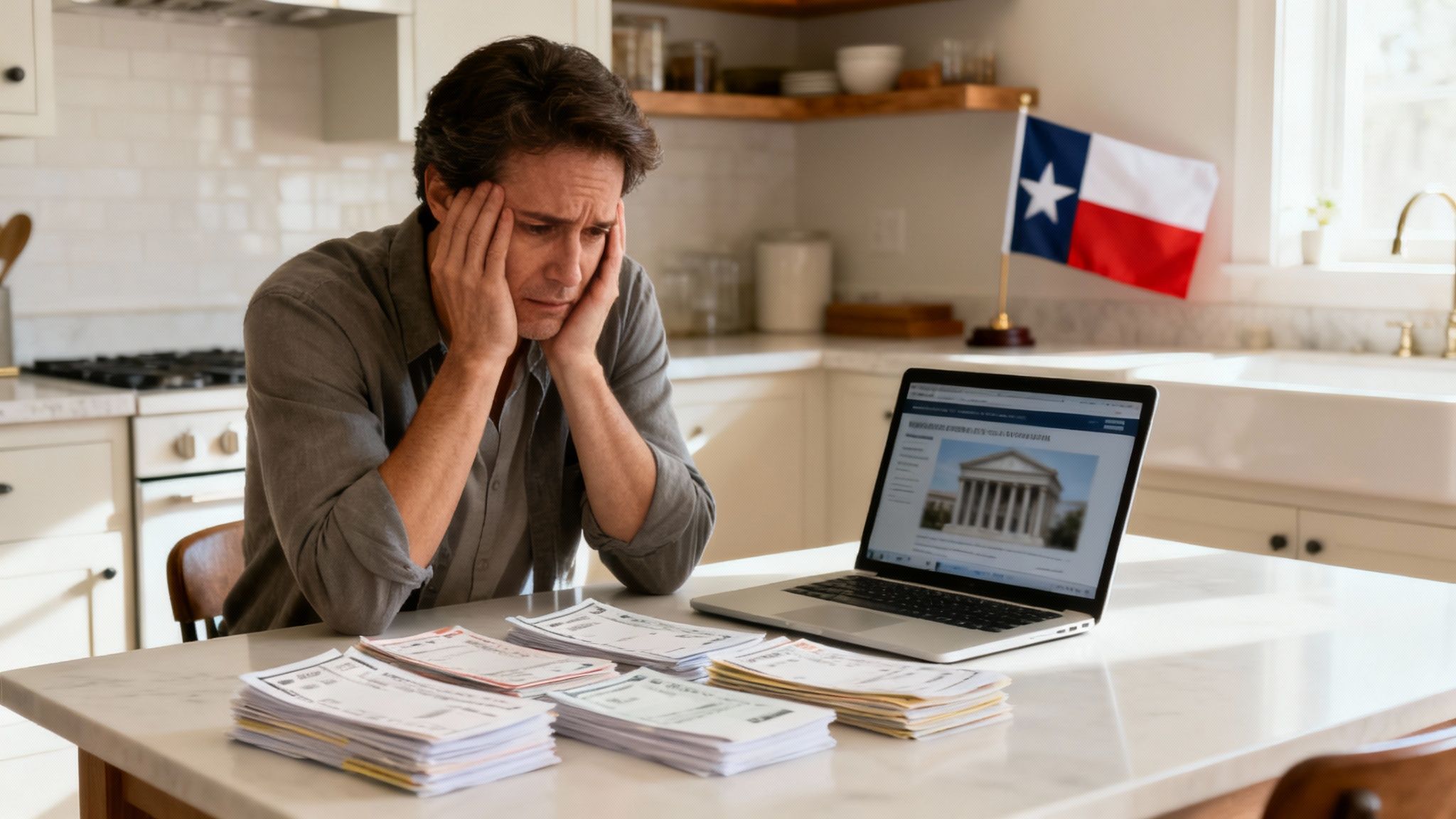 Hombre estresado revisa documentos y laptop sobre problemas legales en Texas.