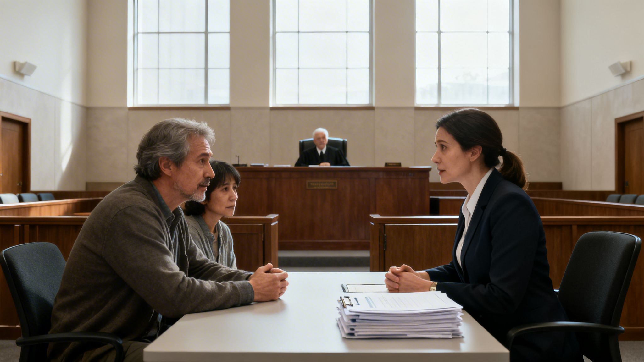 A lawyer consults with an older couple at a table in a courtroom, with a judge in the background.