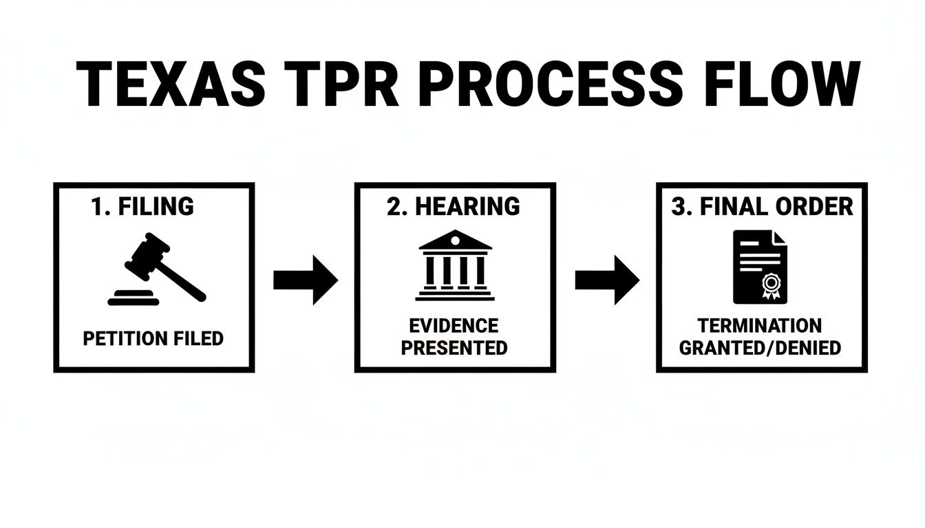 Flowchart illustrating the Texas Termination of Parental Rights (TPR) process with three main steps.