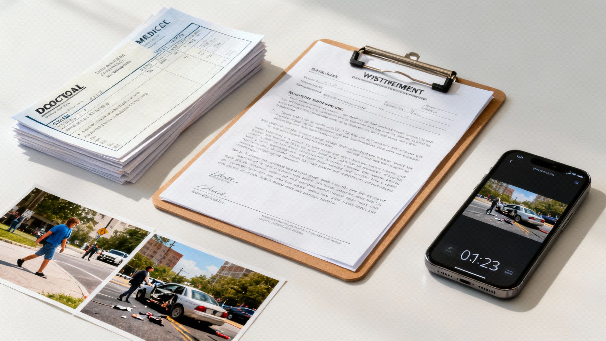 Documents for a personal injury claim, including medical bills, legal forms, accident photos, and a smartphone video.