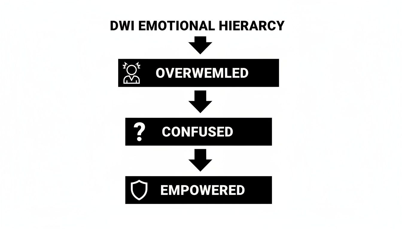 A diagram of the DWI emotional hierarchy showing overwhelmed, confused, then empowered states.