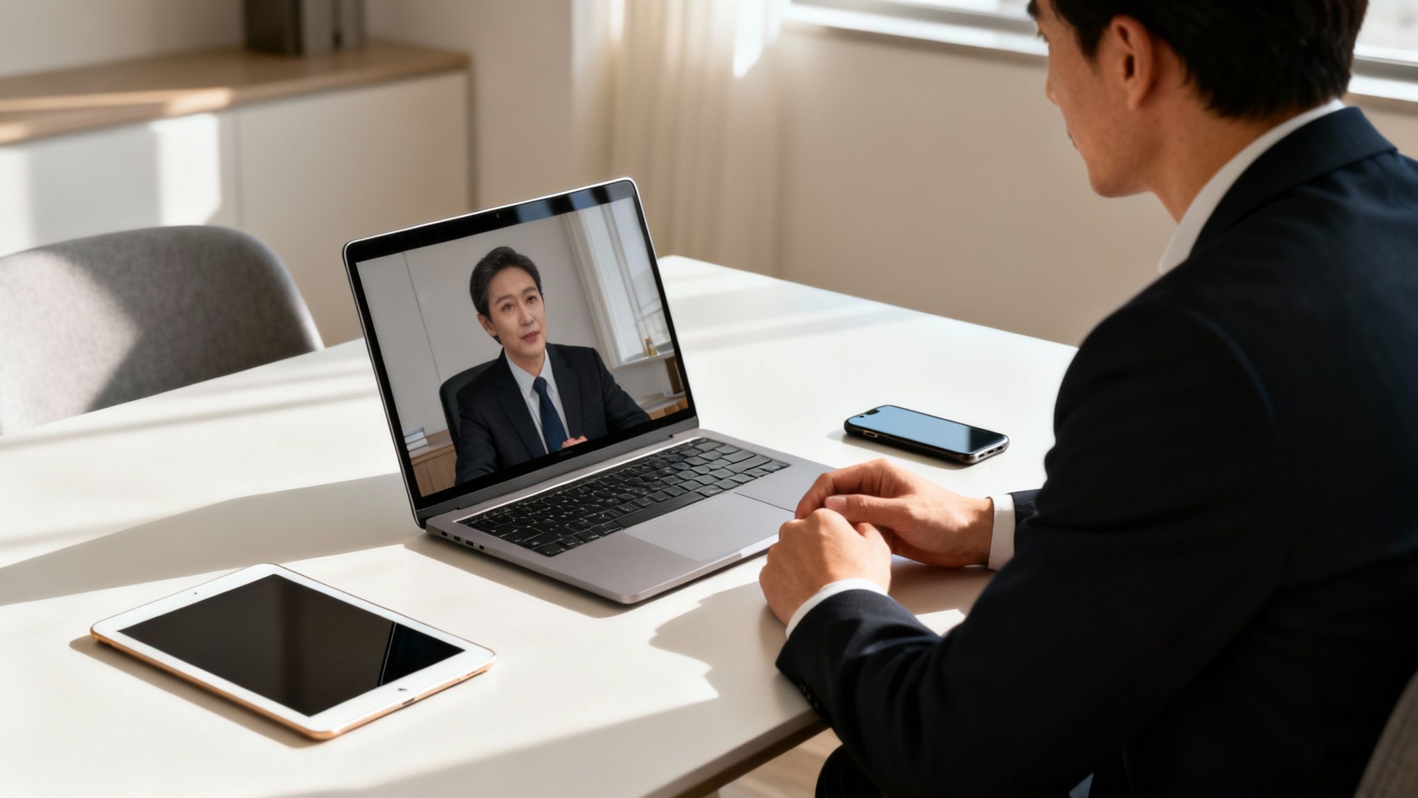 Professional man in a suit engaging in a video call on his laptop with a colleague.
