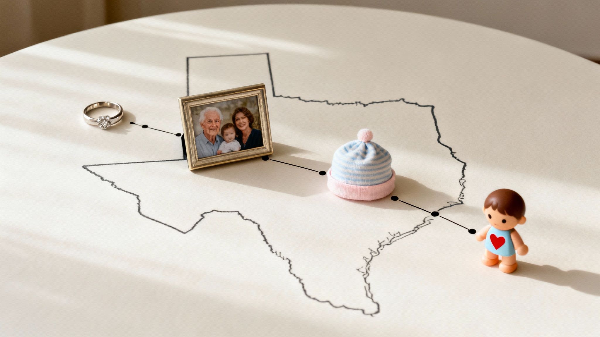 A path on a Texas map with a diamond ring, family photo, baby hat, and child figurine, symbolizing an adoption journey.