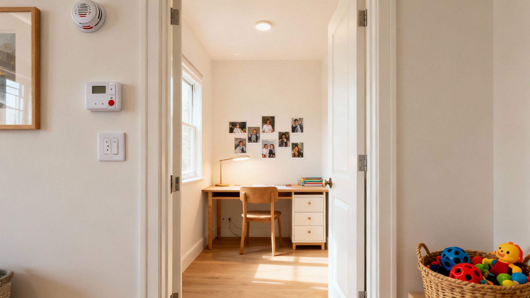 Una oficina en casa con un escritorio y fotos familiares, vista desde un pasillo con un detector de humo.