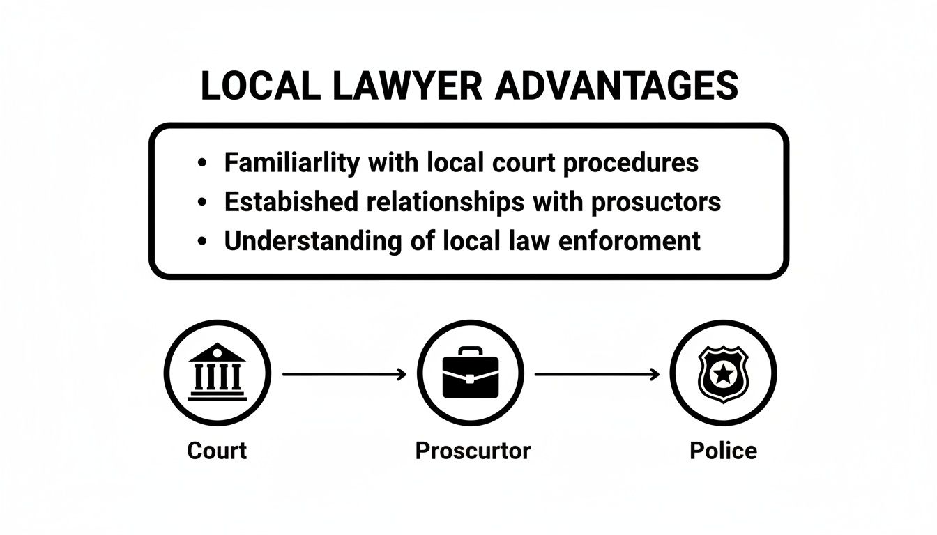 Infographic detailing local lawyer advantages, including familiarity with court procedures, relationships with prosecutors, and understanding local law enforcement.