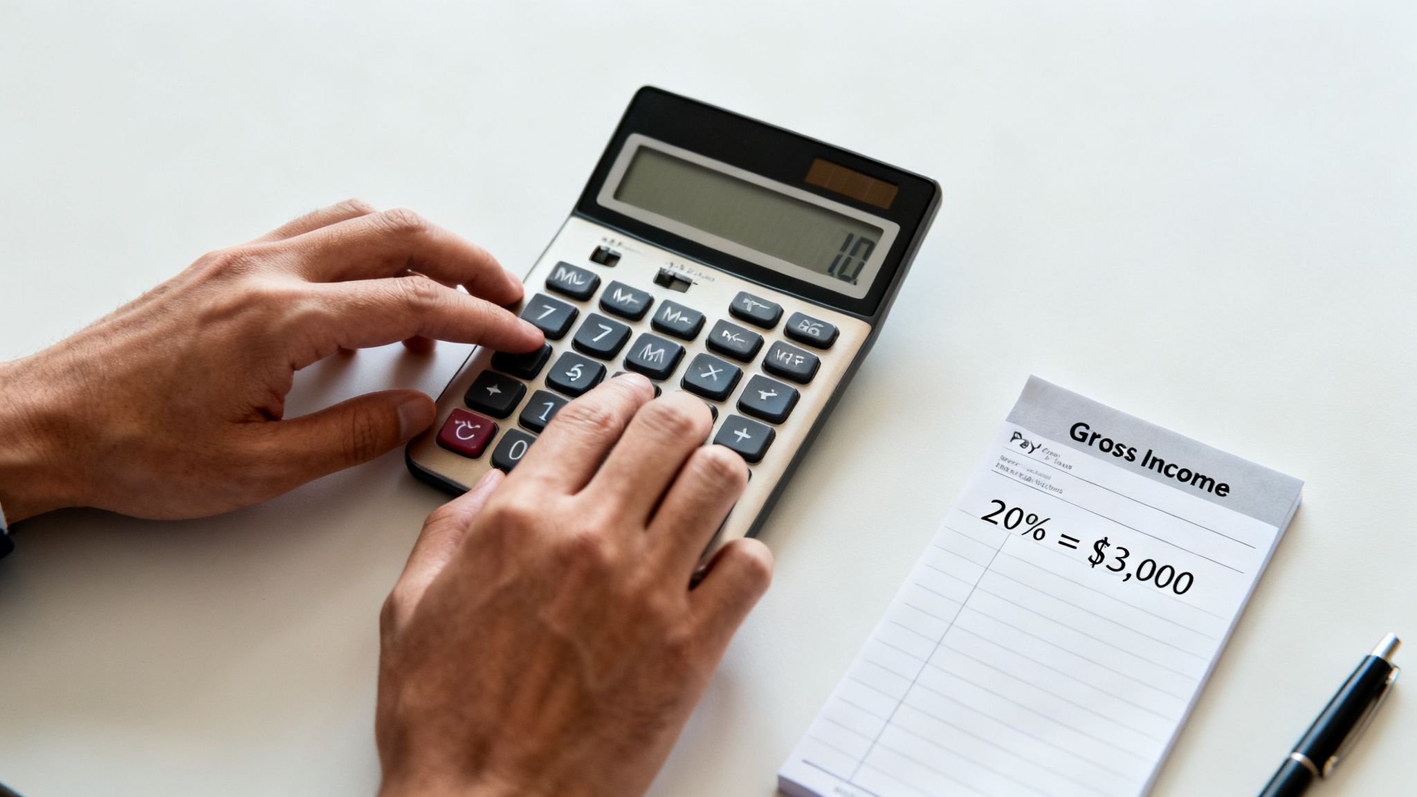 A person's hands using a calculator next to a notepad displaying 'Gross Income' and '20% = $3,000'.