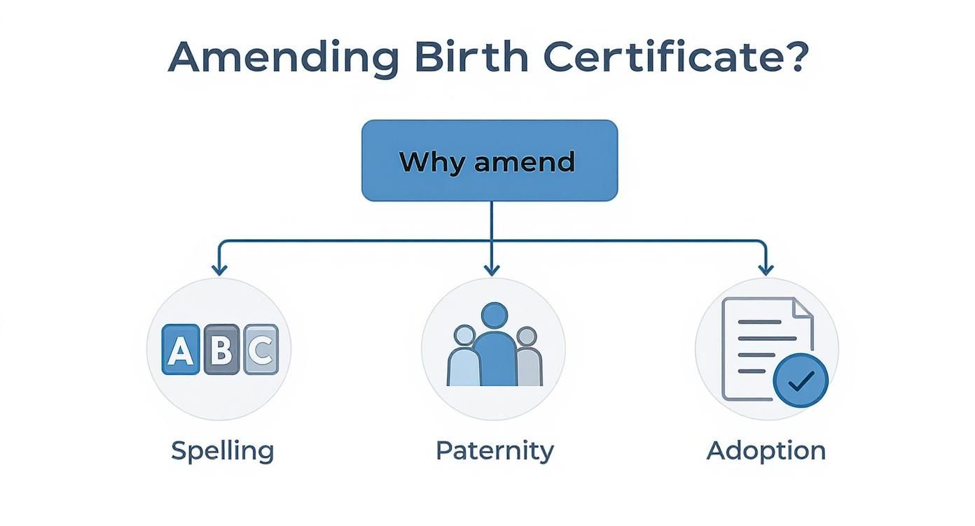 Flowchart showing three reasons to amend birth certificate: spelling errors, paternity changes, and adoption