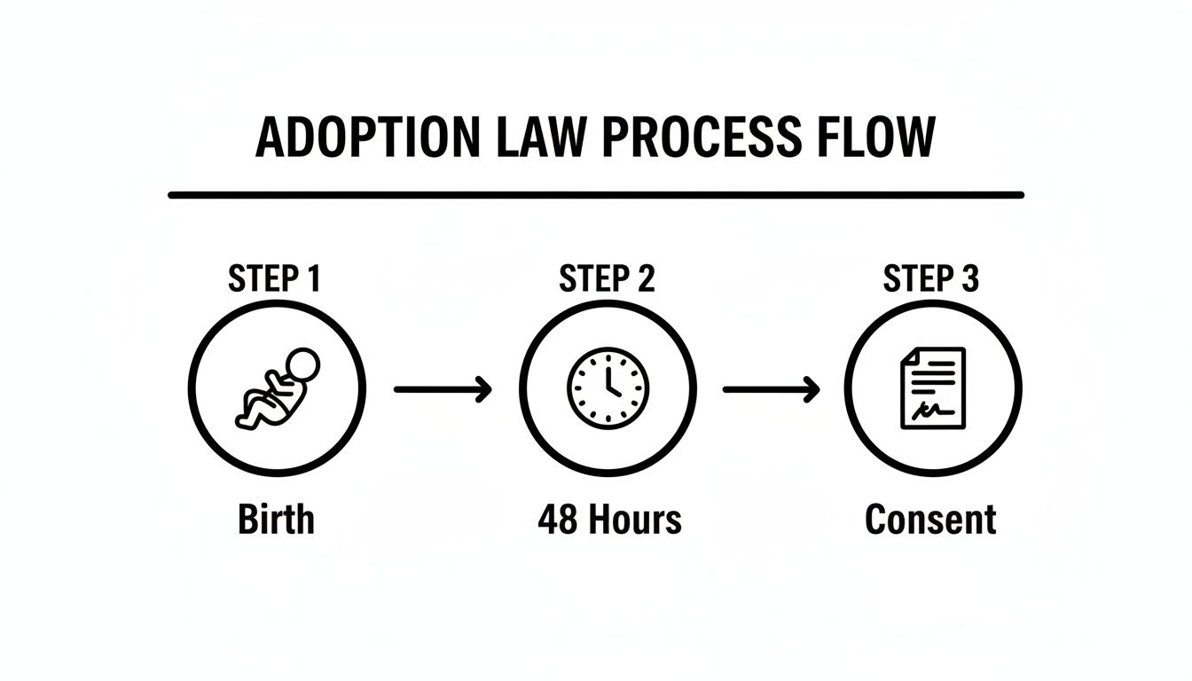A diagram illustrating the adoption law process flow, featuring steps for birth, 48 hours, and consent.