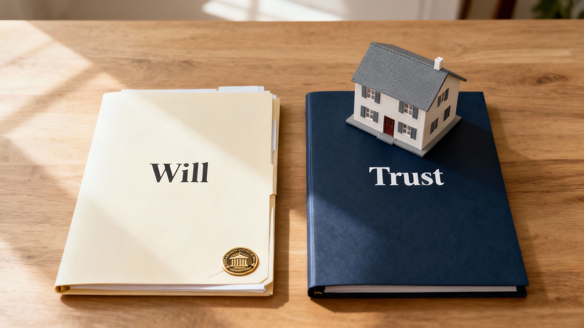Will and trust folders on a wooden table, with a miniature house on the trust folder, symbolizing estate planning options for families in Kingwood, Texas.